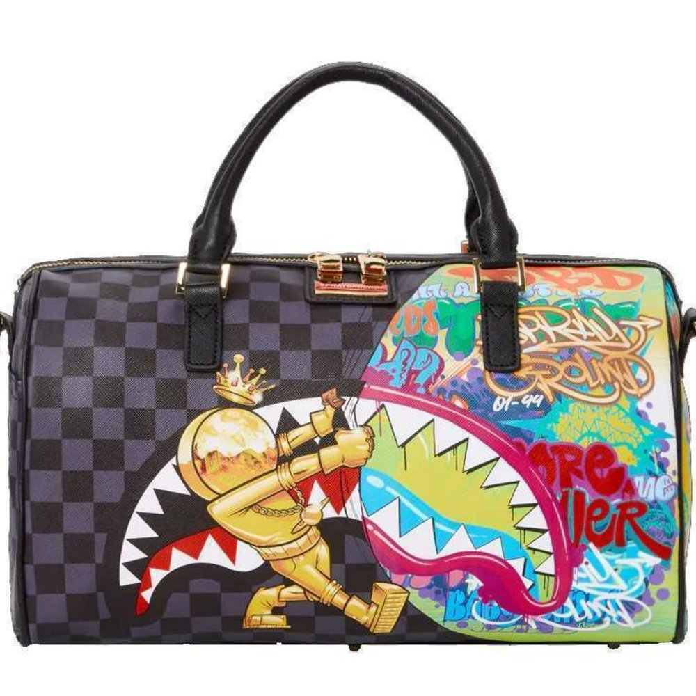 SPRAYGROUND GOLD ASTROMANE SHARKS IN SPACE MINI DUFFLE